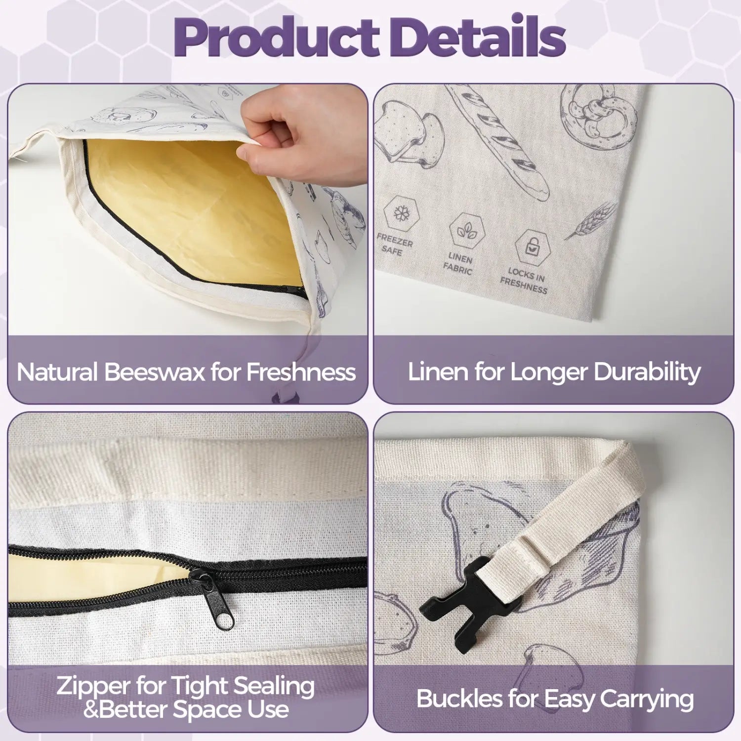 A close-up view of a beeswax bread bag showcasing its interior and exterior details. The bag features a natural beeswax coating, a linen texture for durability, a zipper for tight sealing, and a buckle for easy carrying..#Purple