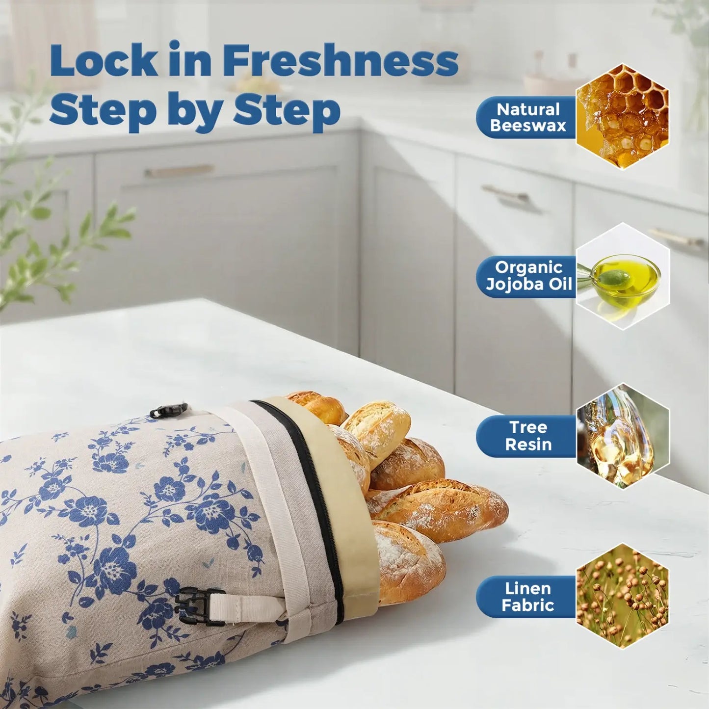 A beeswax bread bag is shown on a kitchen counter, partially filled with artisan bread. The bag features a floral design and is accompanied by labels highlighting its natural ingredients, like beeswax and jojoba oil, emphasizing its.#Blue