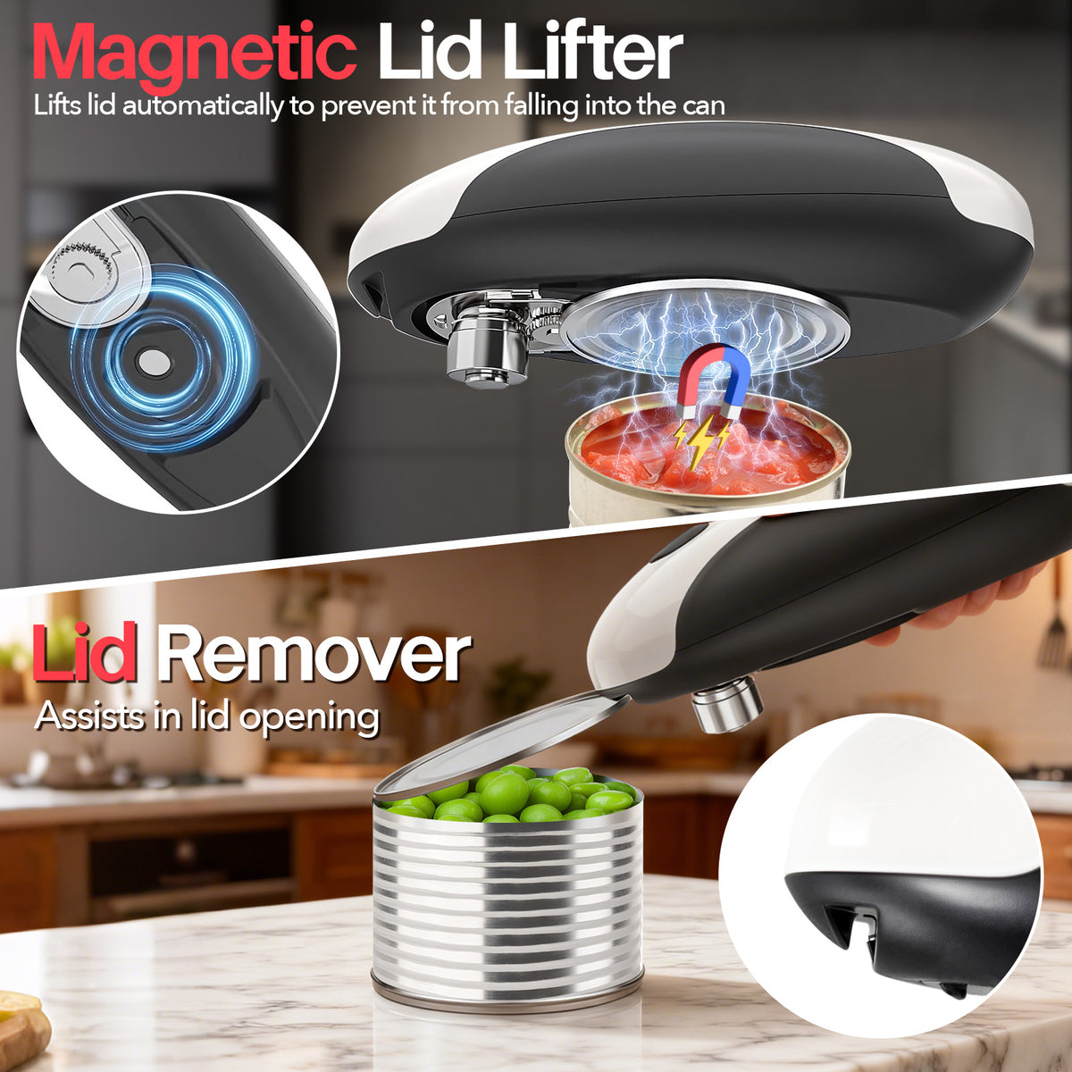 Electric can opener showing its magnetic lid lifter and built-in lid remover.