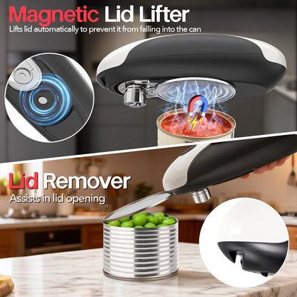 Electric can opener showing its magnetic lid lifter and built-in lid remover.