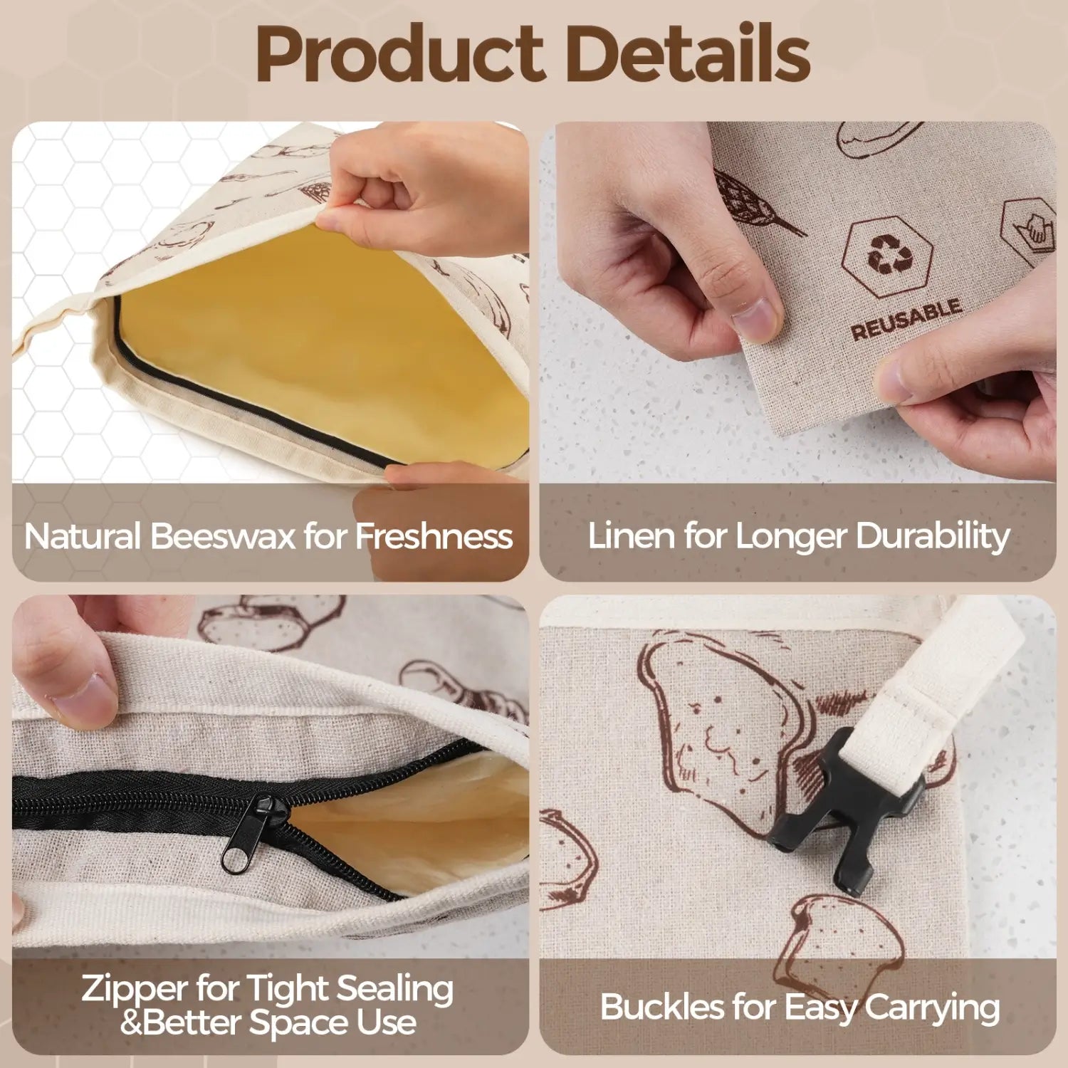 A close-up image showcases the details of a reusable beeswax bread bag, featuring a natural linen exterior with bread illustrations..#Brown