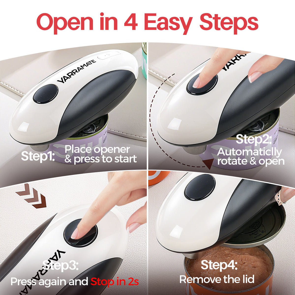 Four-step guide showing how to position, start and stop the electric can opener and remove the lid.