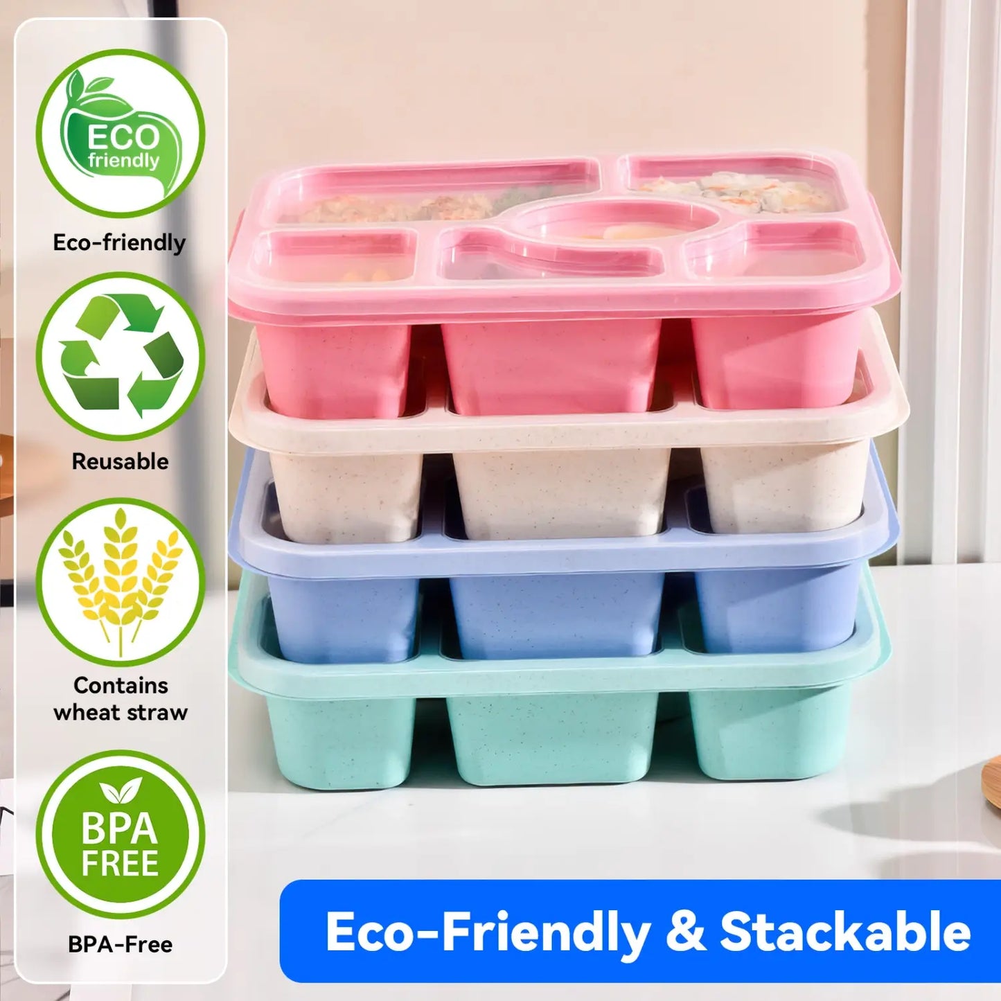6-Compartment Bento Lunch Box with Lid, Stackable Food Container