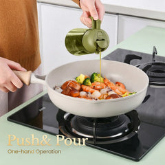 Glass oil dispenser with one-hand operation for convenient healthy meal preparation
