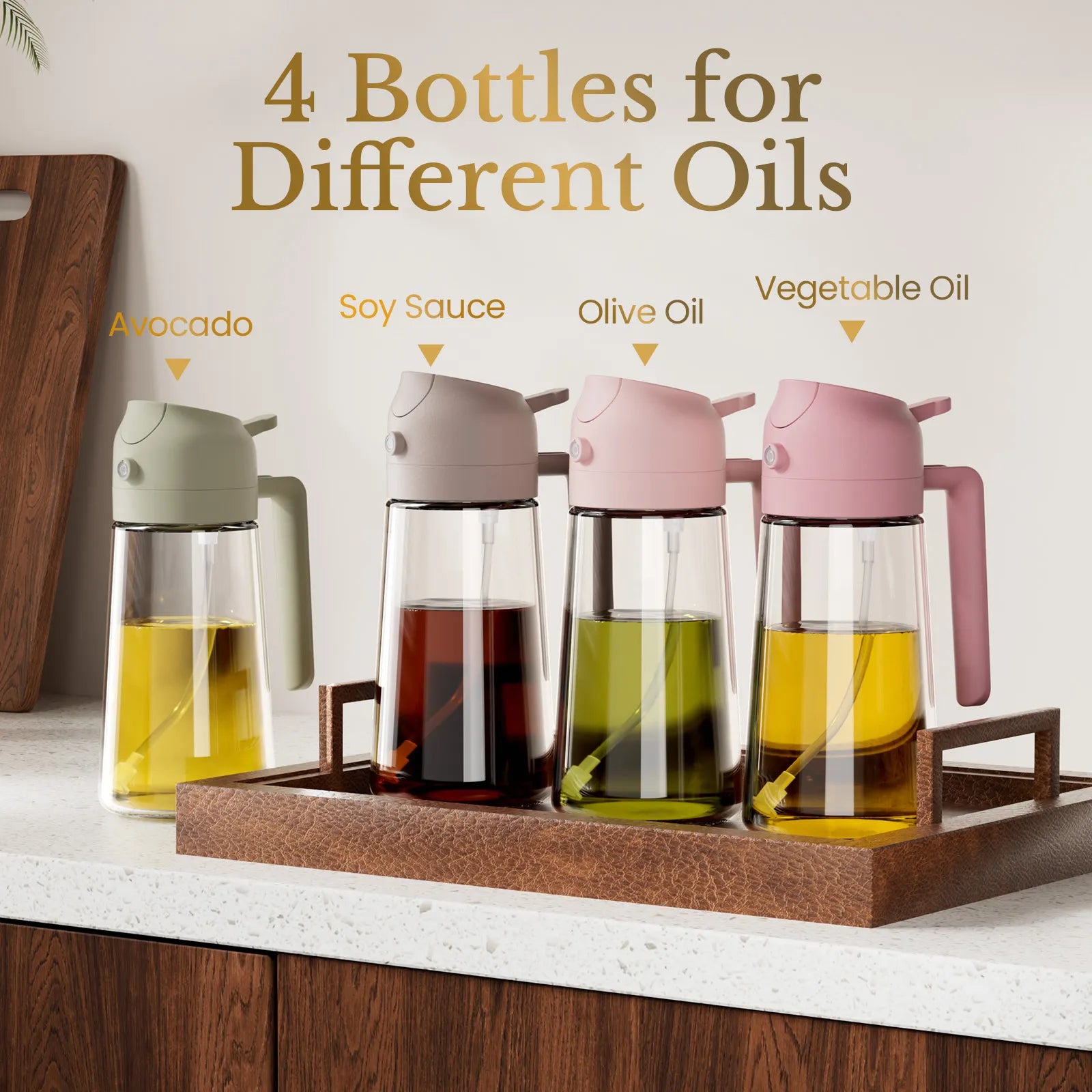 4 bottles for different oils,avocado, soy sause, olive oil and vegetable oil