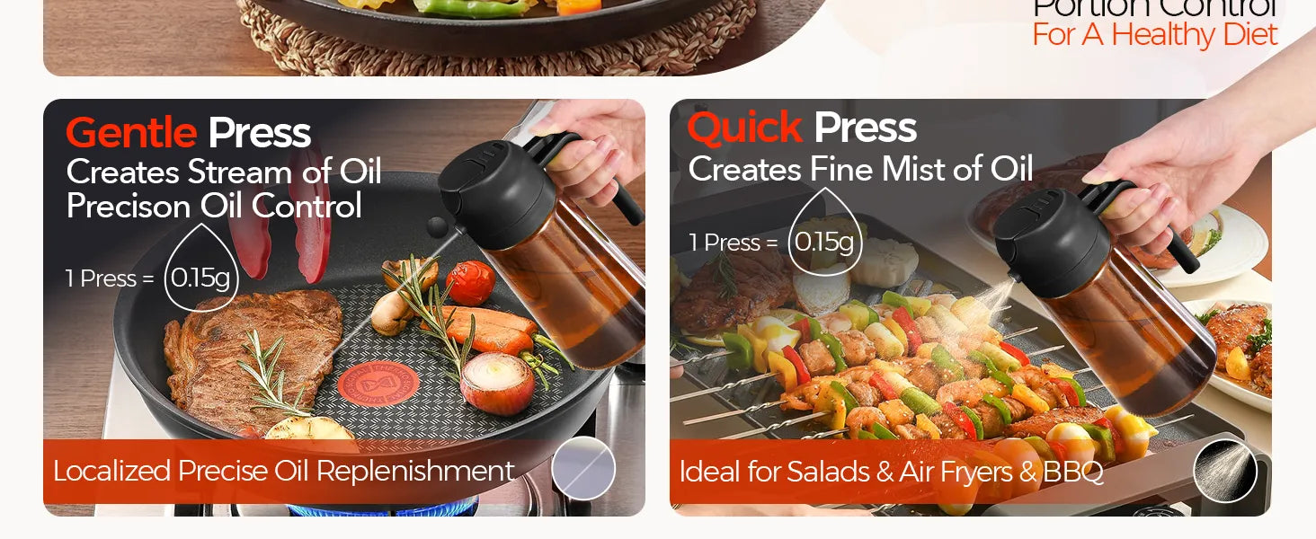 Yarramate dual mode oil sprayer bottle featuring gentle press for a direct oil stream and quick press for a fine mist, with precise 0.15g oil control