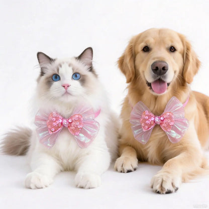 Soft Pink Bow Tie Collar for Dogs & Cats, Adjustable Quick Release Buckle One Size