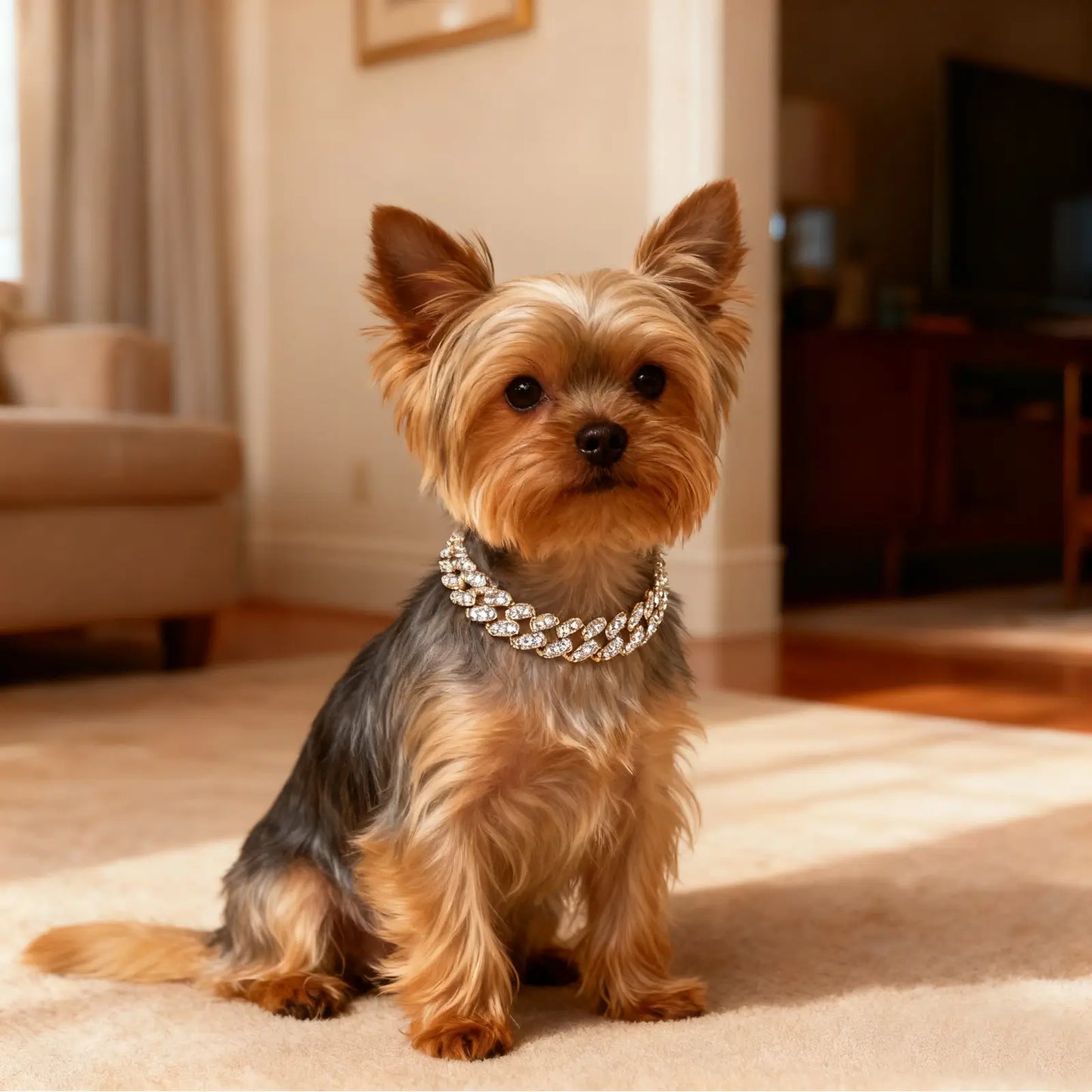 Gold 10 in Crystal Cuban Link Dog Collar Diamond Metal Pet Necklace with Safe Buckle