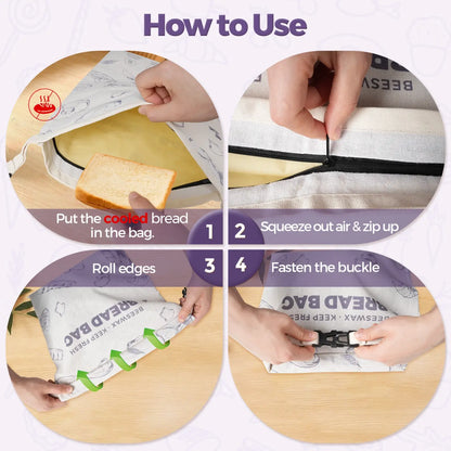 A step-by-step guide on using a beeswax bread bag, featuring four images showing hands placing a loaf of bread inside, squeezing out air, rolling the edges, and fastening the buckle. The bag is patterned and labeled BEESWAX BREAD BAG..#Purple