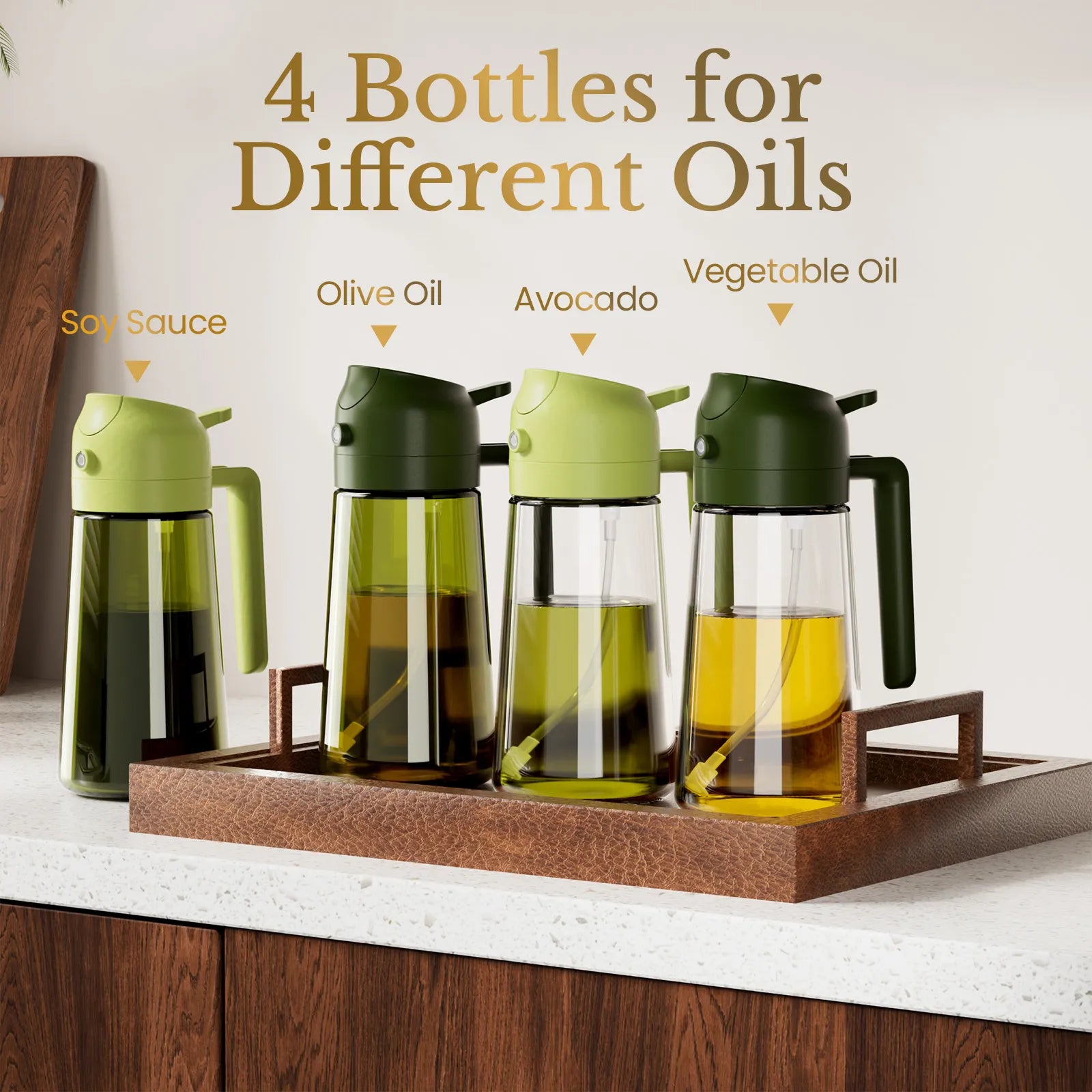 four glass oil pourer and sprayer 2-in-1 bottles with different green caps and handles
