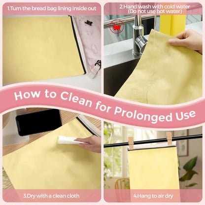 A step-by-step guide on cleaning a beeswax bread bag, featuring four images. The first shows the bag being turned inside out, the second depicts washing it under cold water, the third illustrates drying with a cloth, and the last. #Pink