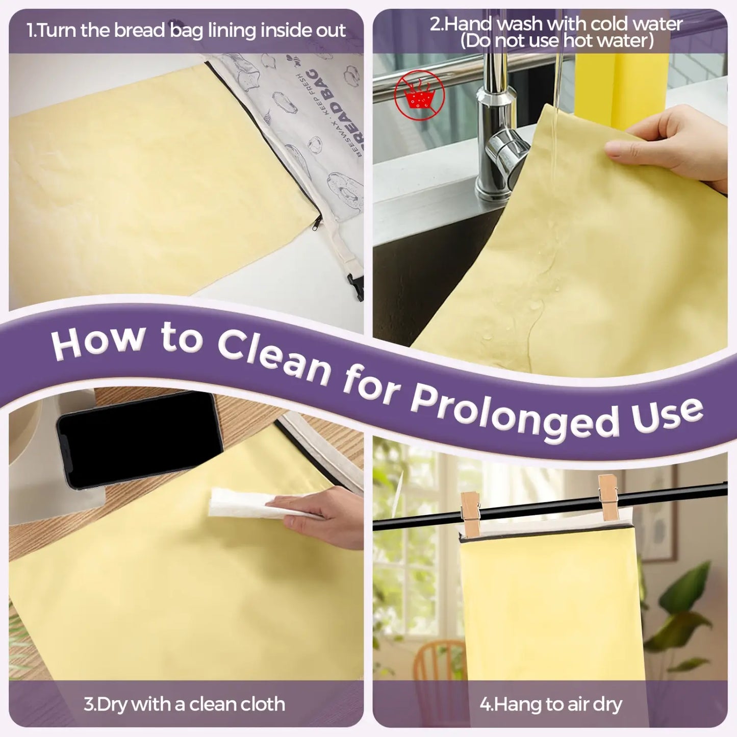 Four-step instructions for cleaning a reusable beeswax bread bag are displayed. The steps include turning the bag inside out, washing with cold water, drying with a cloth, and hanging it to air dry, presented with clear visuals and text..#Purple