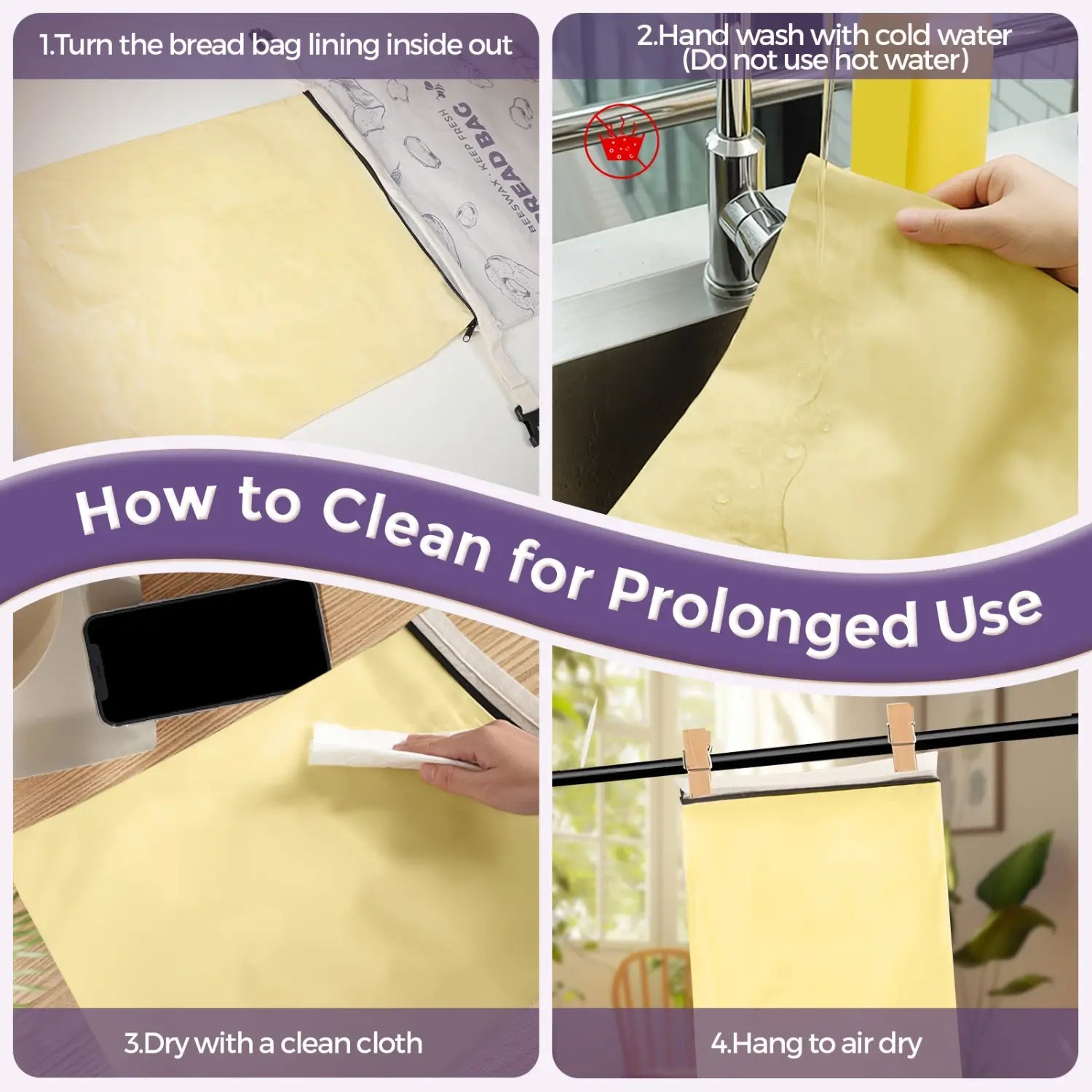 Four-step instructions for cleaning a reusable beeswax bread bag are displayed. The steps include turning the bag inside out, washing with cold water, drying with a cloth, and hanging it to air dry, presented with clear visuals and text..#Purple