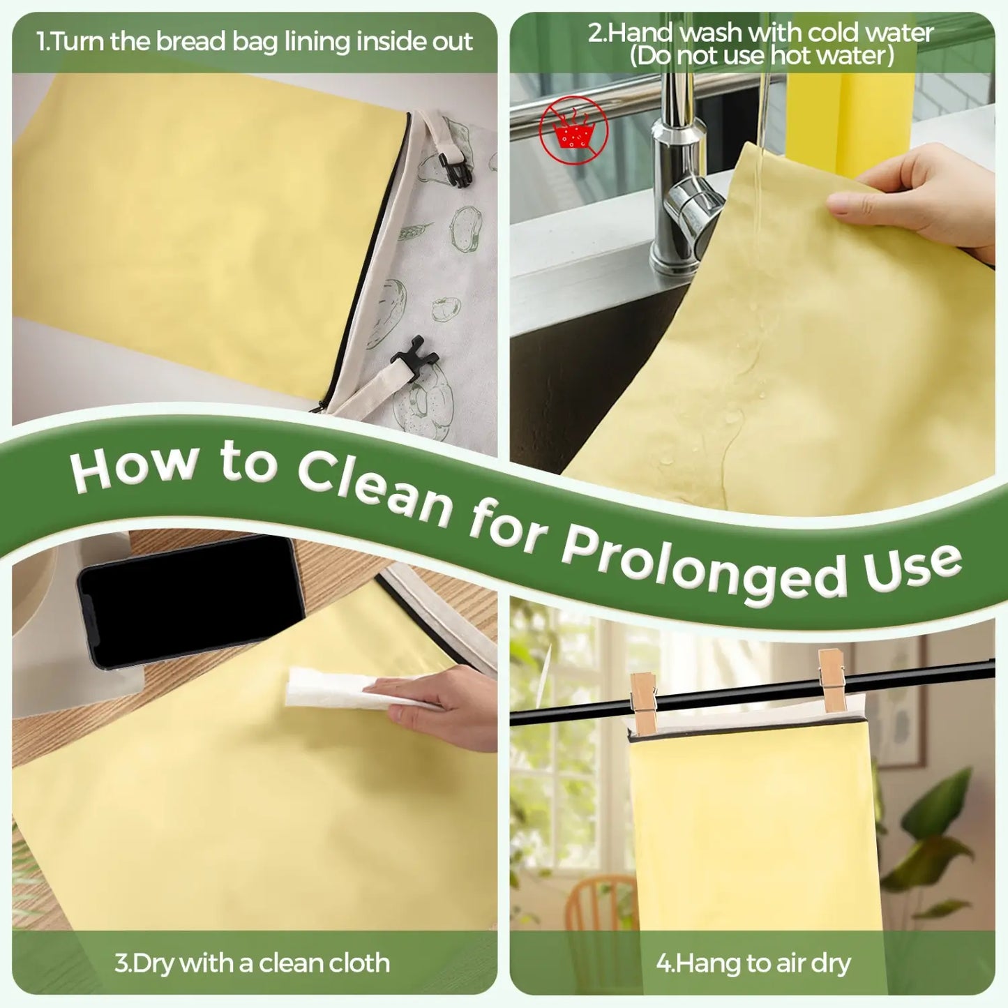 Four-step guide on cleaning a reusable beeswax bread bag. The image shows a yellow bag being turned inside out, hand washed under a faucet, dried with a cloth, and hanging to air dry, all on a light background with instructional text.#Green