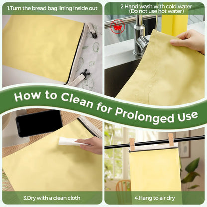 Four-step guide on cleaning a reusable beeswax bread bag. The image shows a yellow bag being turned inside out, hand washed under a faucet, dried with a cloth, and hanging to air dry, all on a light background with instructional text.#Green