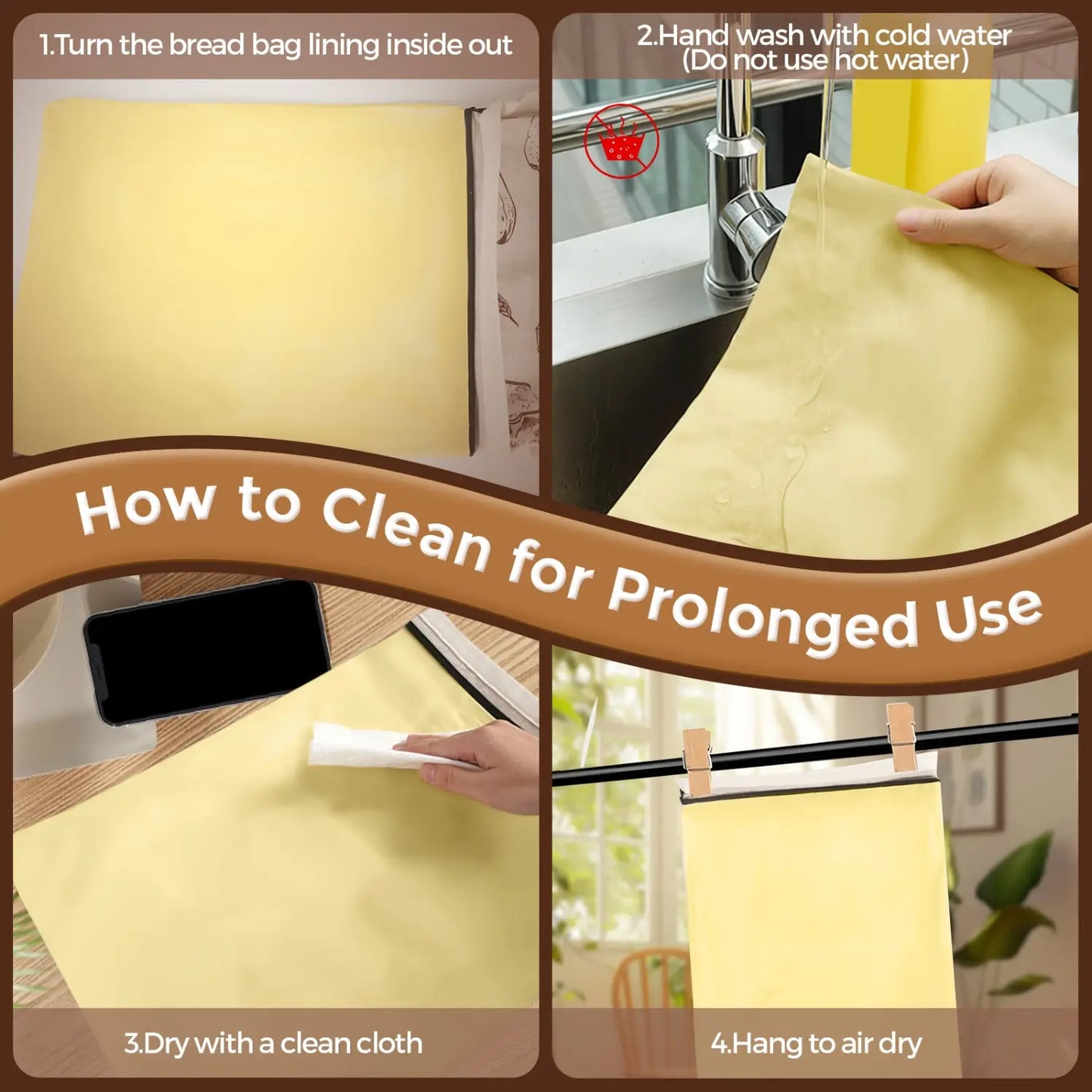 A step-by-step guide on cleaning a beeswax bread bag is shown, featuring four images: turning the bag inside out, washing with cold water, drying with a cloth, and hanging to air dry..#Brown