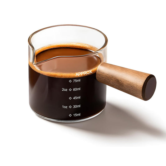 Glass espresso measuring cup with wooden handle