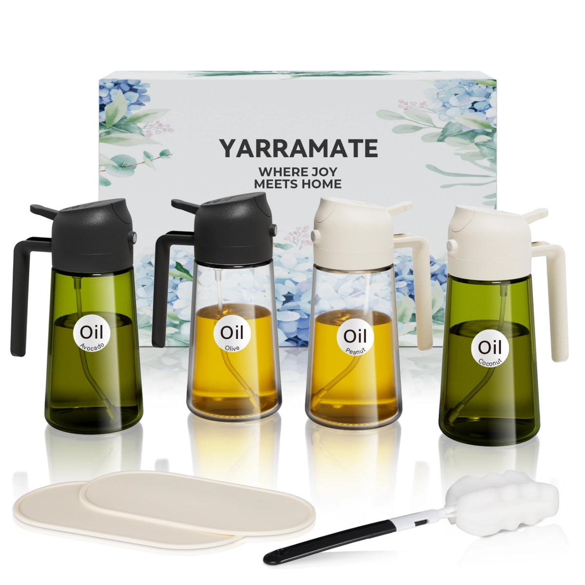 YARRAMATE gift set with four glass oil sprayers, a floral box, bottle coasters and a cleaning brush.