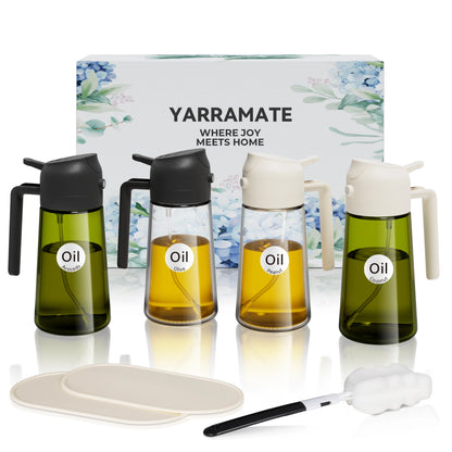 YARRAMATE gift set with four glass oil sprayers, a floral box, bottle coasters and a cleaning brush.