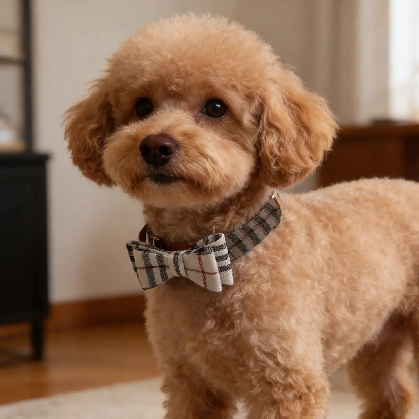 Plaid Dog Collar with Bow Bell, Adjustable Soft Checkered Pet Collar for Small