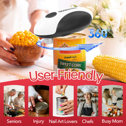 White and black electric can opener rotating around a sweet corn can, with examples of people using it.