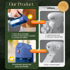 Leakproof 2-in-1 oil spray bottle for cooking showcasing non-drip nozzle and clean kitchen use against messy competitors