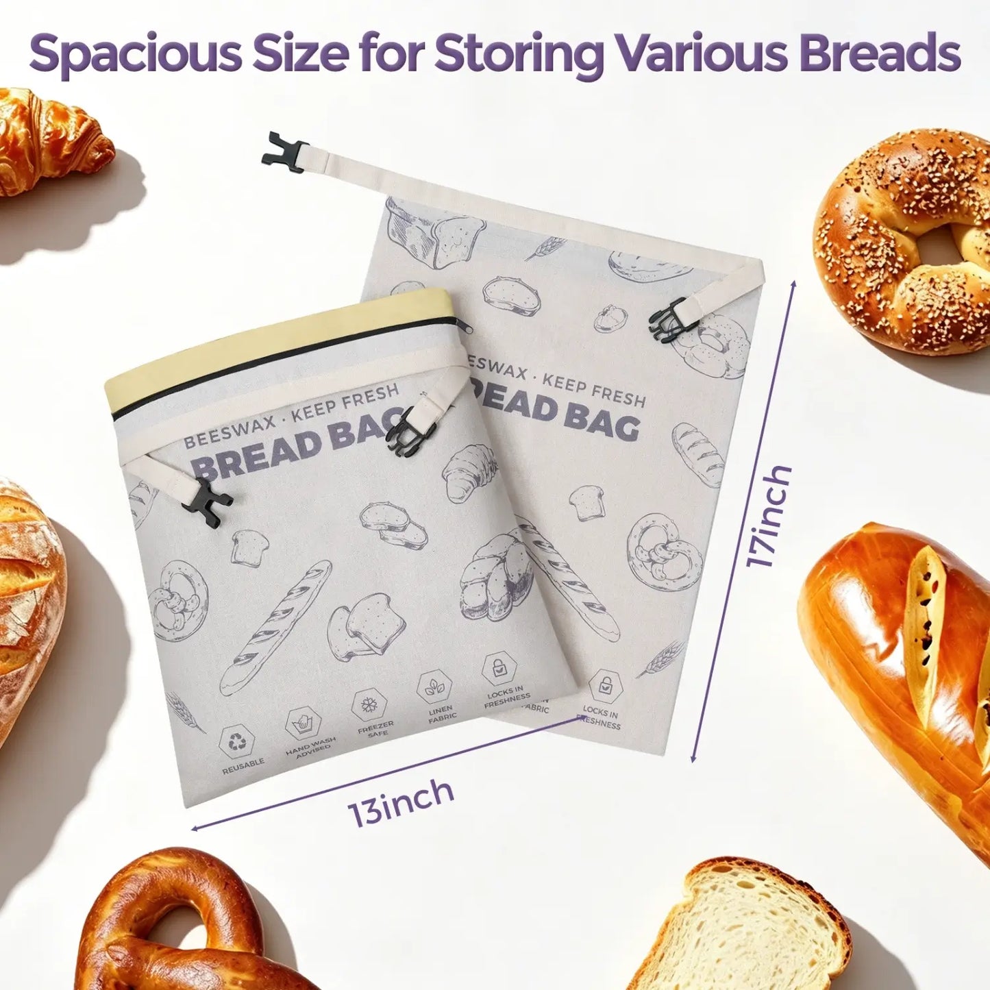 A clear image of two reusable beeswax bread bags displayed on a light background, with one bag partially open..#Purple