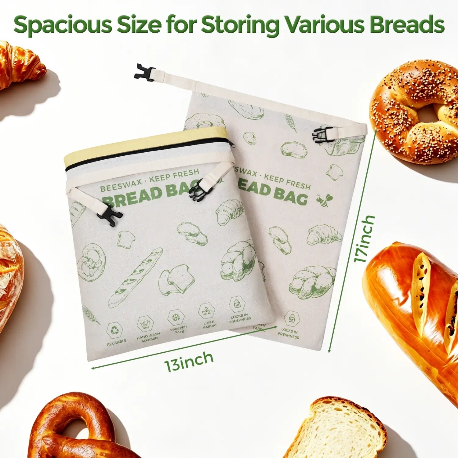 A flat lay image featuring two beeswax bread bags, one measuring 13 inches and the other 17 inches, with a light background.#Green