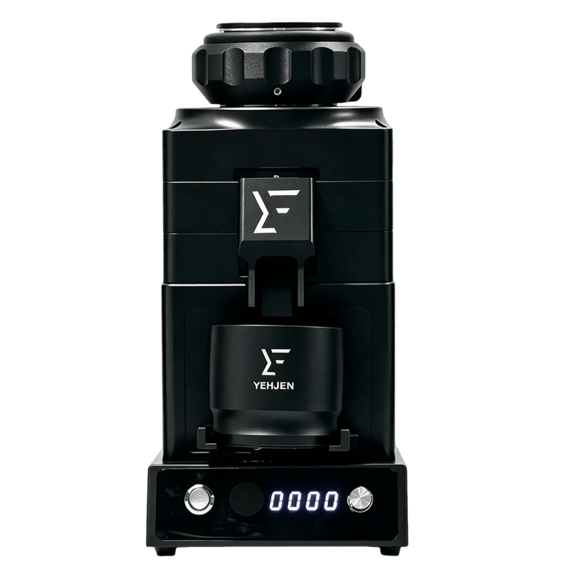 Front view of YEHJEN high-end electric coffee grinder with 98mm 102mm flat burrs and digital display for single dosing