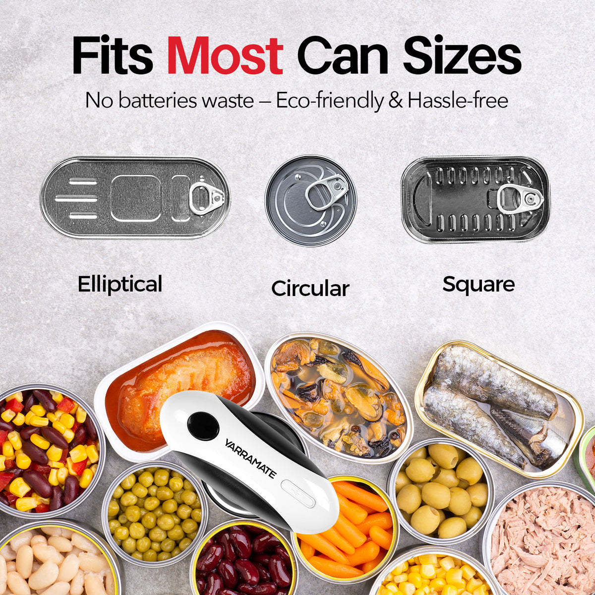 White and black electric can opener shown with round, oval and rectangular cans of food.
