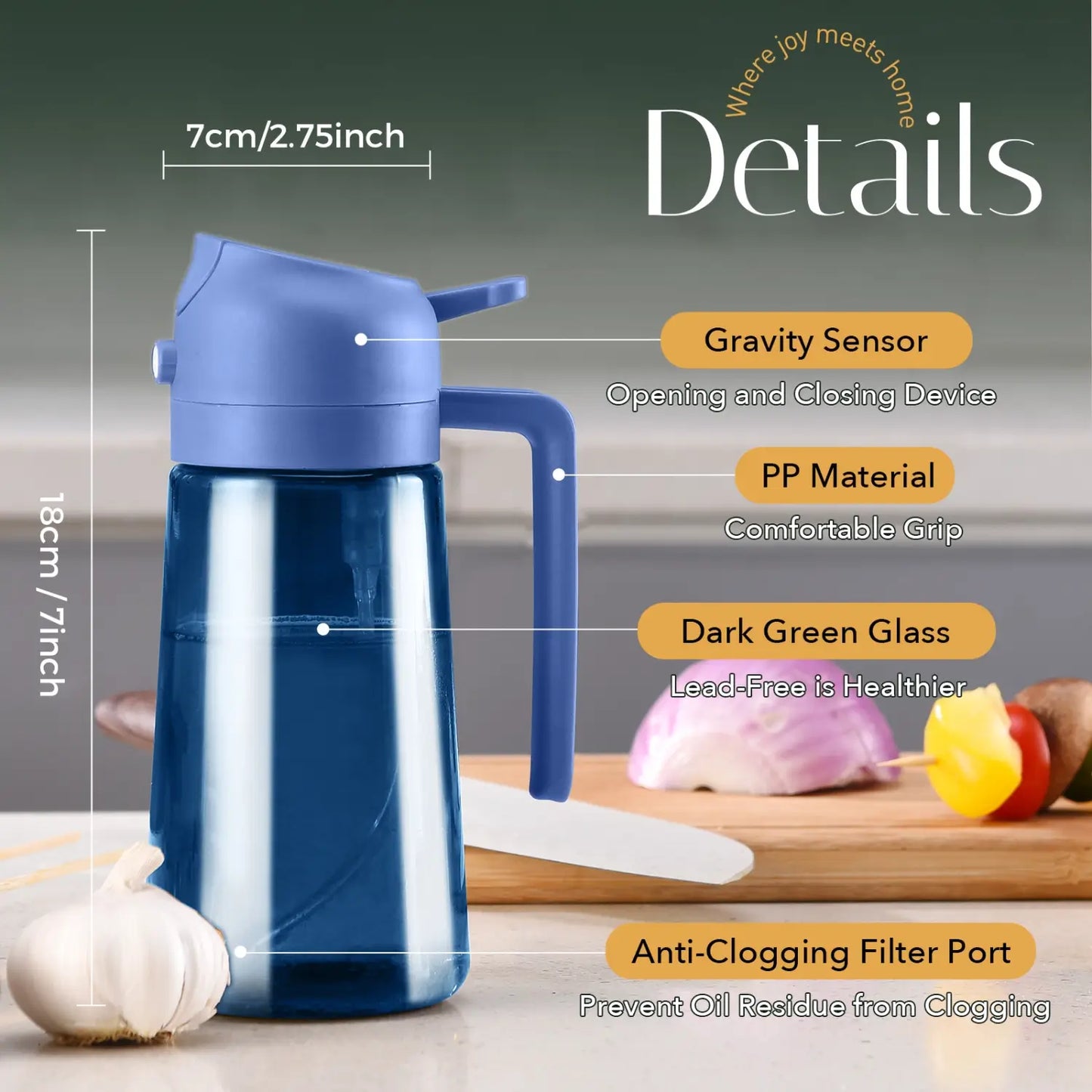 Product details and dimensions of blue glass olive oil dispenser bottle with gravity sensor lid PP handle and anti clogging filter