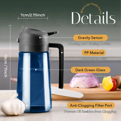 Product details and dimensions of blue glass olive oil dispenser bottle with gravity sensor lid PP handle and anti clogging filter
