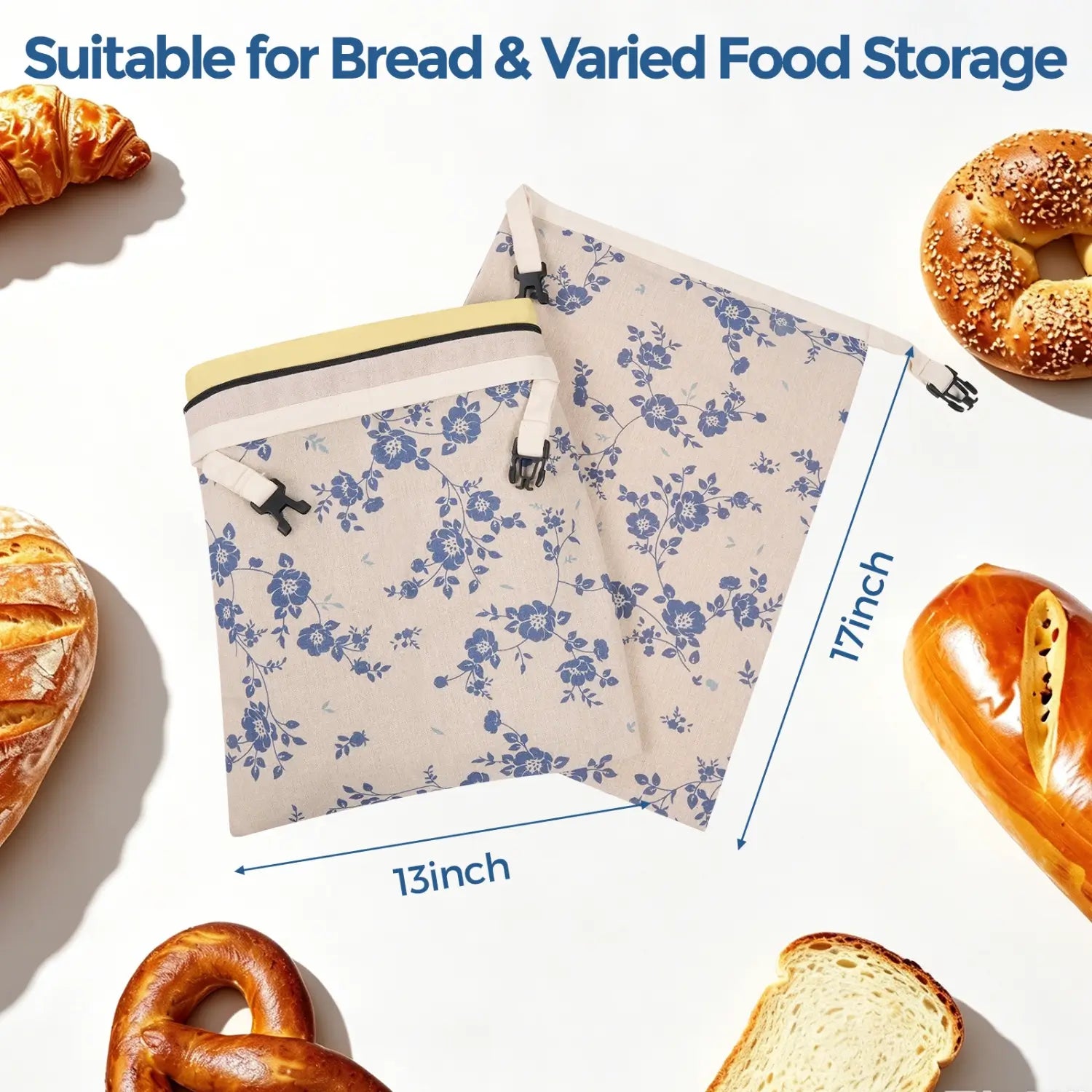 Two reusable beeswax bread bags are displayed against a backdrop of various baked goods, including croissants and bagels.#Blue