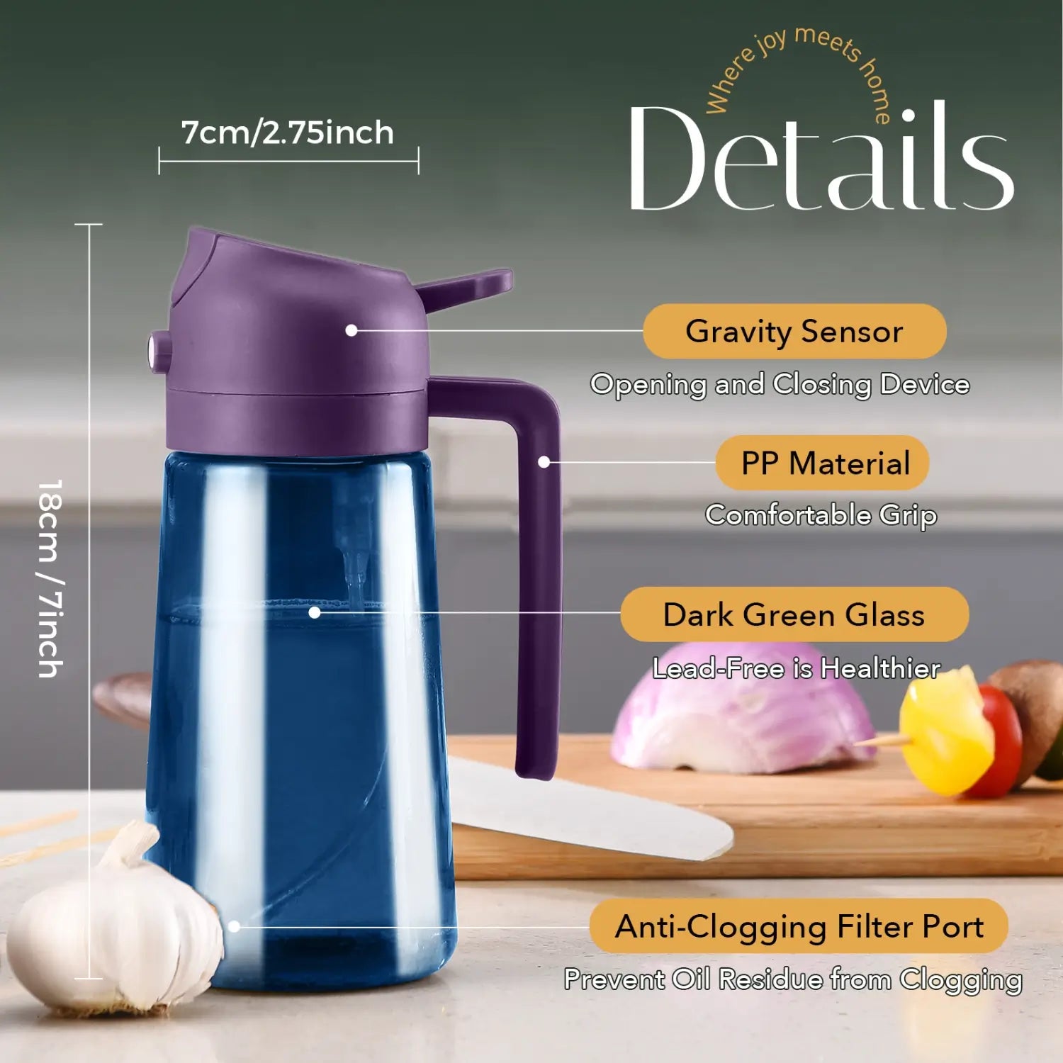 Product details and dimensions of blue glass olive oil dispenser bottle with gravity sensor lid PP handle and anti clogging filter