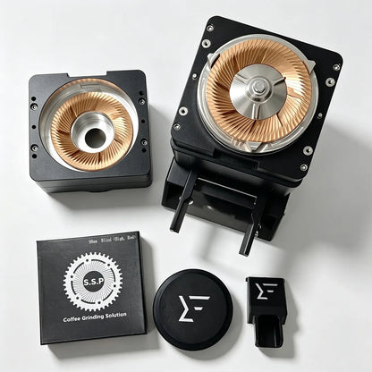A close-up of a 98mm red copper coated flat burr mechanism inside a disassembled single dose electric grinder