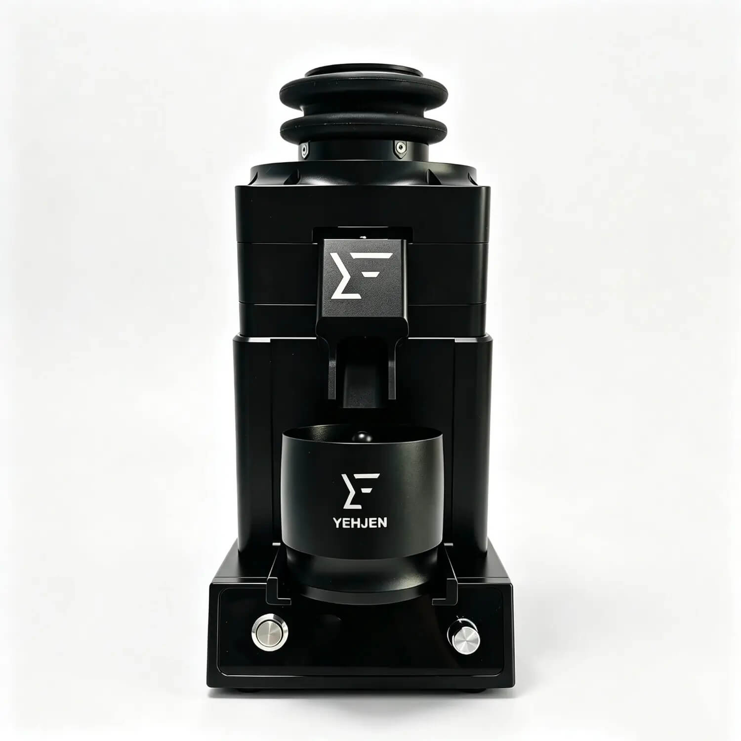 Front view of 98mm burr coffee grinder for espresso prep