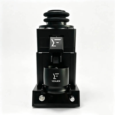 Front view of 98mm burr coffee grinder for espresso prep