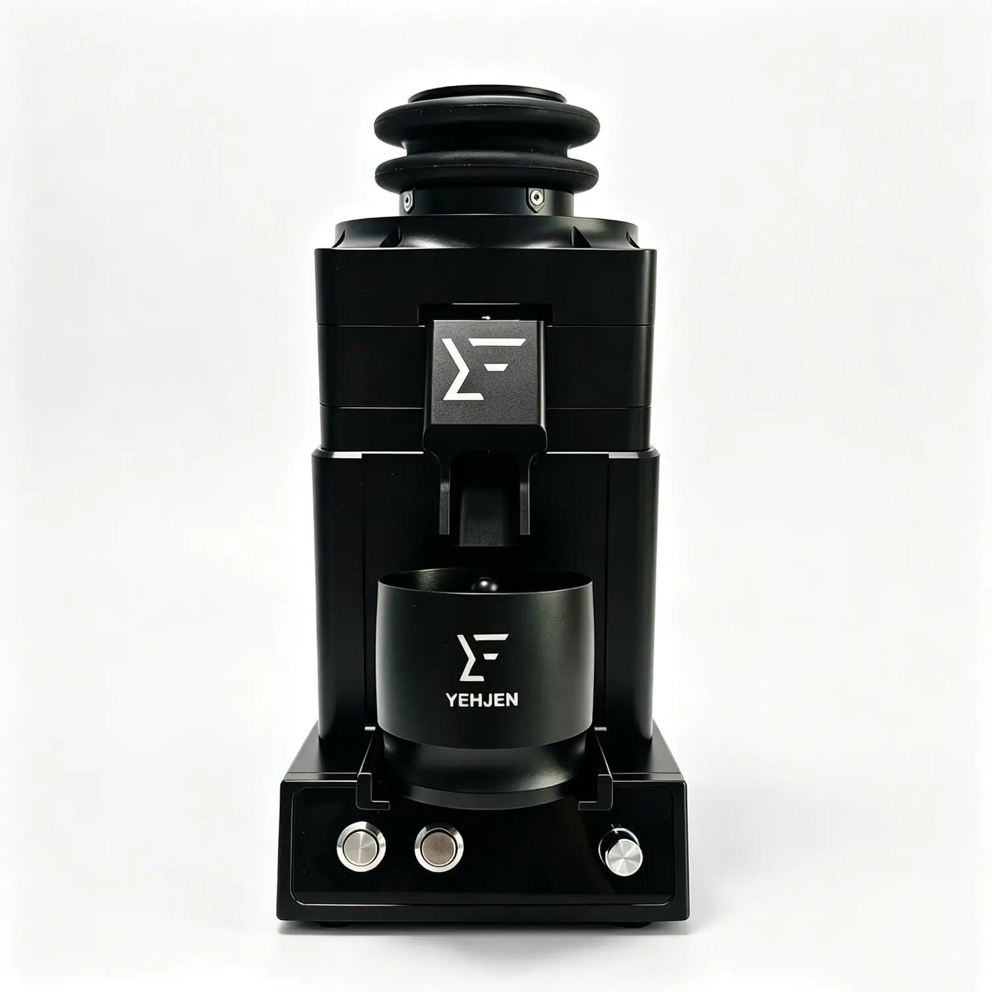 Front view of 98mm burr coffee grinder for espresso prep