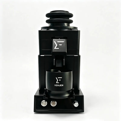 Front view of 98mm burr coffee grinder for espresso prep