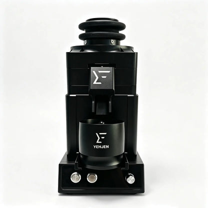 Front view of 98mm burr coffee grinder for espresso prep