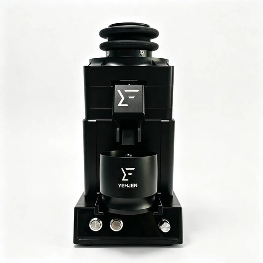 Front view of 98mm burr coffee grinder for espresso prep