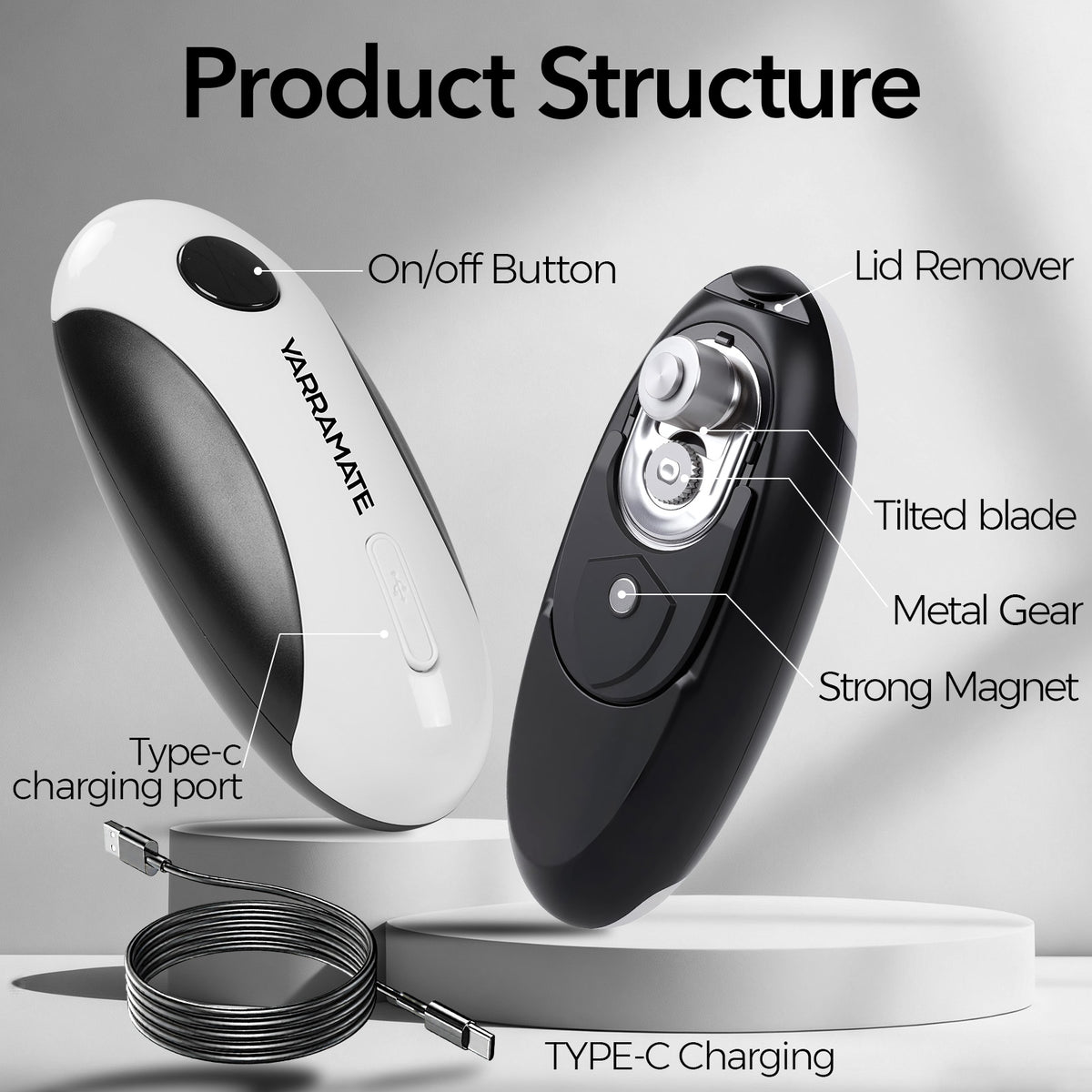 Electric can opener front and underside diagram showing button, charging port, blade, gear and magnet.