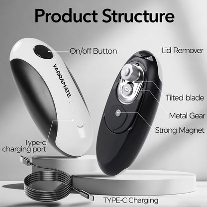 Electric can opener front and underside diagram showing button, charging port, blade, gear and magnet.