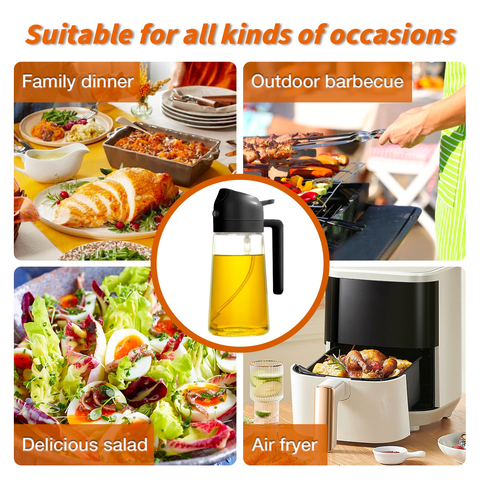 glass oil jar 2 in 1 Oil Spray Bottle 16oz/470ml Oil Dispenser for Air Fryer, BBQ, Salad