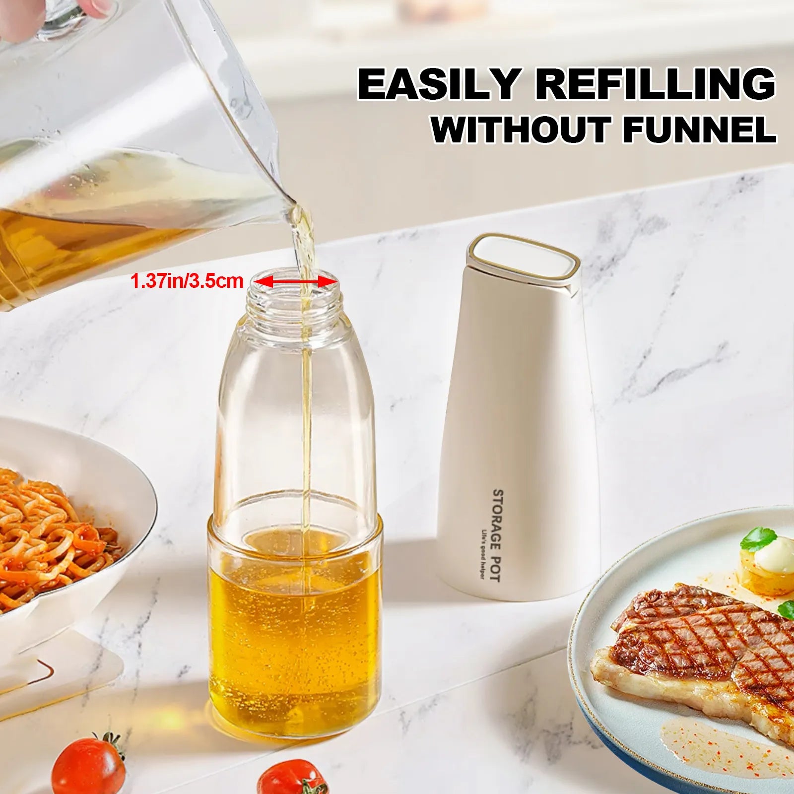 Easily refilling cooking oil into the wide mouth white olive oil glass bottle without a funnel