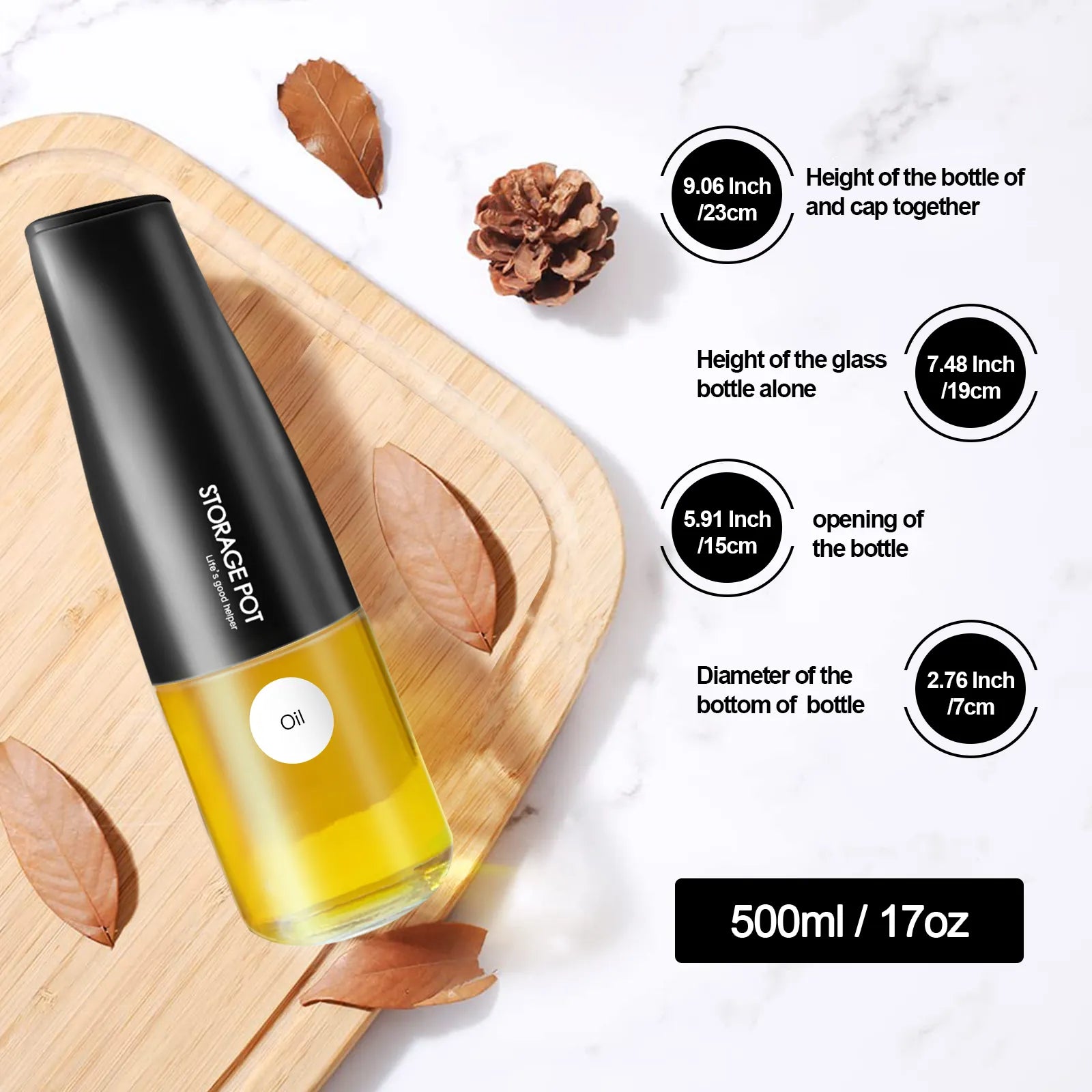 17oz capacity black dispenser oil bottle laid on a wooden board showing product details