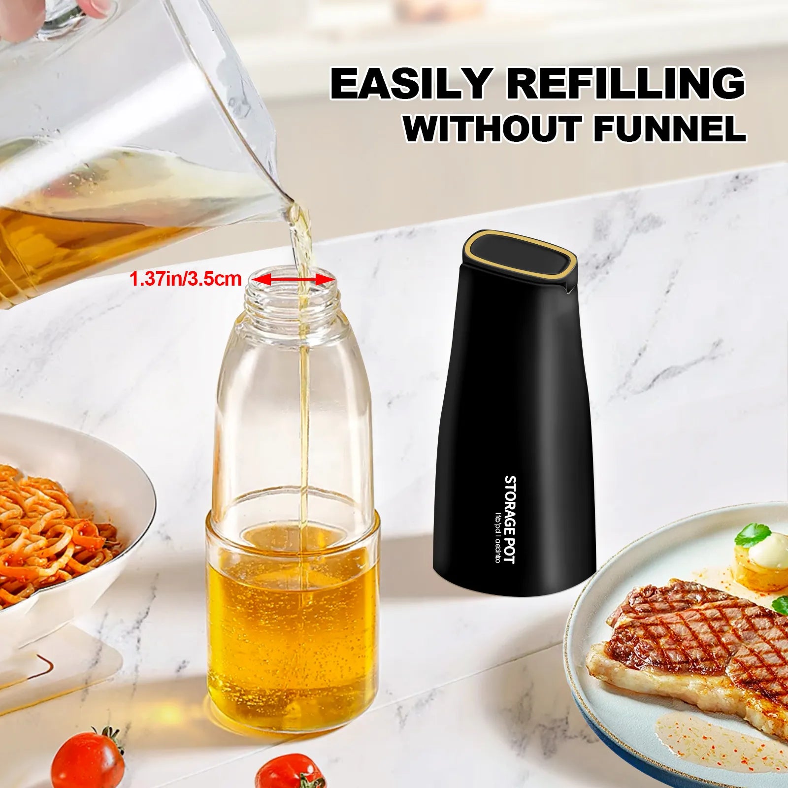 Easily refilling cooking oil into the wide mouth black olive oil glass bottle without a funnel