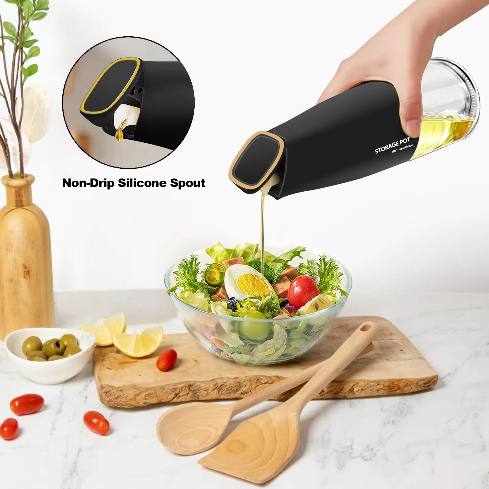 Hand pouring oil over a fresh salad using a black oil dispenser pourer