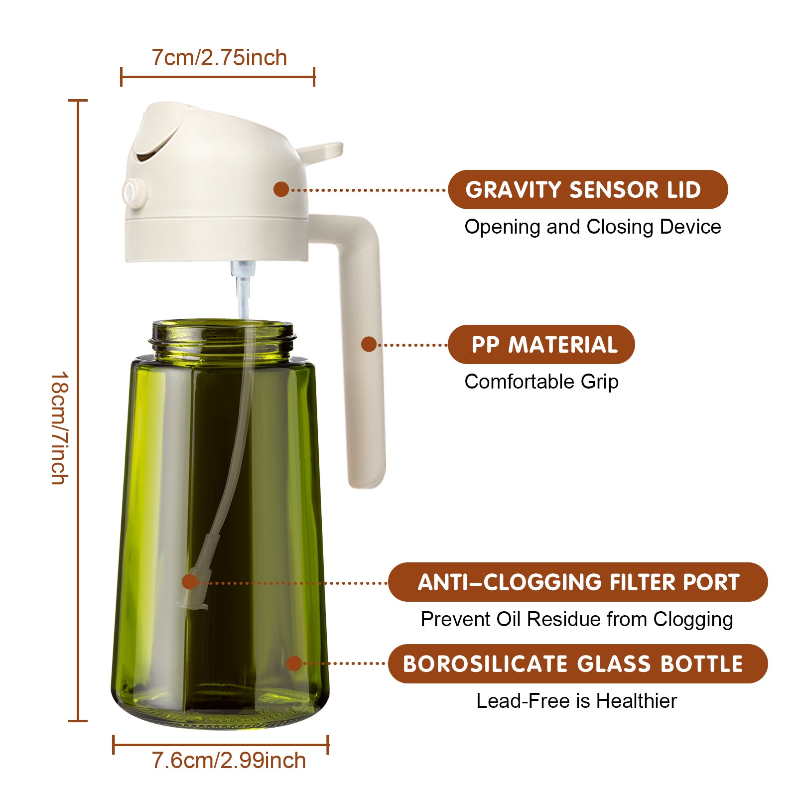 Multifunctional 2 in 1 Glass Oil Sprayer Bottle with UV protection 16oz/470ml Dark Green (White)