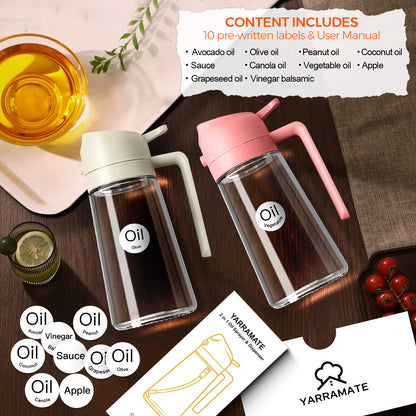 2 in 1 Oil Sprayer Bottle Dispenser 2Pcs 16oz Glass Olive Oil Sprayer Cooking Oil Sprayer Bottle for Kitchen Salad, Grill, BBQ (With Stickers)